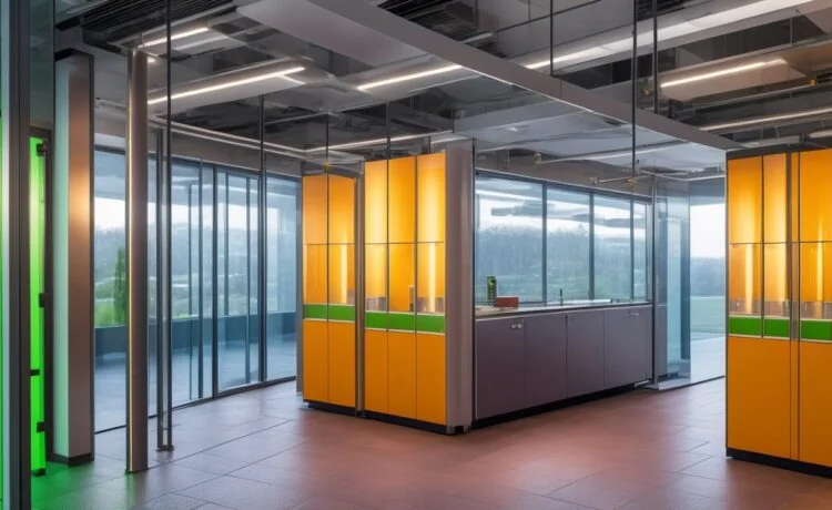 Ein warm erleuchteter, moderner Serverraum in einem nachhaltigen Rechenzentrum, in dem Sonnenlicht durch große Fenster fällt und sanfte Farbtöne von glänzenden Metallflächen und grüner Technik den Fokus auf innovative Abwärmenutzung und ökologische Zukunftstechnologie setzen.