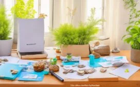 Ein sonnendurchfluteter Schreibtisch mit stilvoll arrangierten Recyclingpapier-Mailings, sanften Grüntönen von Zimmerpflanzen und natürlichen Holzakzenten, die ein warmes, nachhaltiges Arbeitsambiente voller positiver Energie und verantwortungsbewusster Kreativität ausstrahlen.