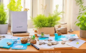 Ein sonnendurchfluteter Schreibtisch mit stilvoll arrangierten Recyclingpapier-Mailings, sanften Grüntönen von Zimmerpflanzen und natürlichen Holzakzenten, die ein warmes, nachhaltiges Arbeitsambiente voller positiver Energie und verantwortungsbewusster Kreativität ausstrahlen.
