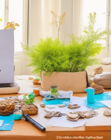 Ein sonnendurchfluteter Schreibtisch mit stilvoll arrangierten Recyclingpapier-Mailings, sanften Grüntönen von Zimmerpflanzen und natürlichen Holzakzenten, die ein warmes, nachhaltiges Arbeitsambiente voller positiver Energie und verantwortungsbewusster Kreativität ausstrahlen.