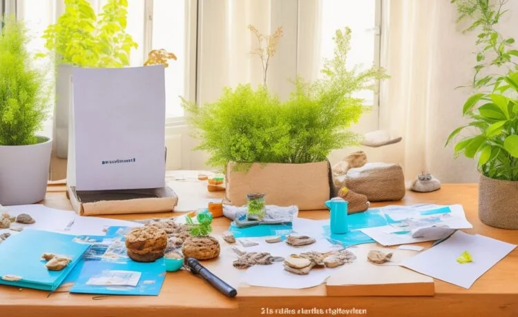 Ein sonnendurchfluteter Schreibtisch mit stilvoll arrangierten Recyclingpapier-Mailings, sanften Grüntönen von Zimmerpflanzen und natürlichen Holzakzenten, die ein warmes, nachhaltiges Arbeitsambiente voller positiver Energie und verantwortungsbewusster Kreativität ausstrahlen.