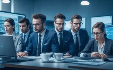 Ein strahlend heller, moderner Büroraum mit einem motivierten Team, das an großen Bildschirmen in natürlichem Tageslicht konzentriert an intelligenten, datengetriebenen Werbestrategien arbeitet, während warmes Sonnenlicht eine inspirierende und kollaborative Atmosphäre schafft.