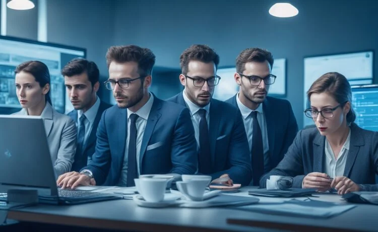 Ein strahlend heller, moderner Büroraum mit einem motivierten Team, das an großen Bildschirmen in natürlichem Tageslicht konzentriert an intelligenten, datengetriebenen Werbestrategien arbeitet, während warmes Sonnenlicht eine inspirierende und kollaborative Atmosphäre schafft.