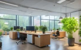 Ein warm beleuchtetes, modernes Büro mit einem freundlichen Entwicklerteam, das konzentriert an hellen Bildschirmen mit Code arbeitet, umgeben von natürlichen Pflanzen und viel Tageslicht, das eine einladende Atmosphäre von Innovation und Teamgeist ausstrahlt.