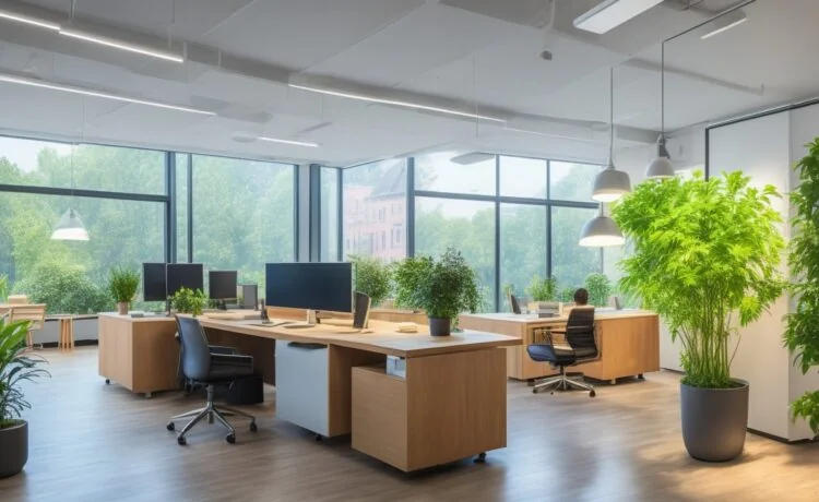 Ein warm beleuchtetes, modernes Büro mit einem freundlichen Entwicklerteam, das konzentriert an hellen Bildschirmen mit Code arbeitet, umgeben von natürlichen Pflanzen und viel Tageslicht, das eine einladende Atmosphäre von Innovation und Teamgeist ausstrahlt.