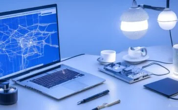 Ein heller, natürlich beleuchteter Arbeitsplatz mit einem modernen Laptop, auf dessen Bildschirm schematisch vernetzte, pulsierende Knotenpunkte eines neuronalen Netzes sichtbar sind, während im Hintergrund durch das Sonnenlicht sanft warme Holztöne und grüne Pflanzen für eine einladende, zukunftsweisende Atmosphäre sorgen.