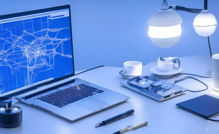 Ein heller, natürlich beleuchteter Arbeitsplatz mit einem modernen Laptop, auf dessen Bildschirm schematisch vernetzte, pulsierende Knotenpunkte eines neuronalen Netzes sichtbar sind, während im Hintergrund durch das Sonnenlicht sanft warme Holztöne und grüne Pflanzen für eine einladende, zukunftsweisende Atmosphäre sorgen.