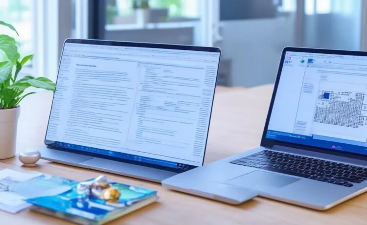 Ein sonnendurchflutetes Büroambiente mit einem fokussierten Entwickler, der entspannt vor einem modernen Laptop sitzt und in hellem, warmem Licht an schlankem, asynchronem Node.js-Code arbeitet – symbolisch für effiziente Performance und innovative Softwarearchitektur.