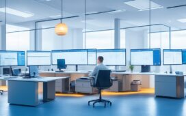 Ein warm beleuchtetes, modernes Büro mit einem lächelnden Entwickler vor zwei großen Monitoren, die im Hintergrund klar strukturierte Codezeilen und Diagramme zeigen, eingefangen in natürlichem Tageslicht und einer freundlichen, fokussierten Atmosphäre, die Innovation und technische Präzision vereint.