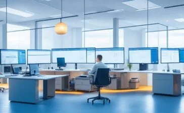 Ein warm beleuchtetes, modernes Büro mit einem lächelnden Entwickler vor zwei großen Monitoren, die im Hintergrund klar strukturierte Codezeilen und Diagramme zeigen, eingefangen in natürlichem Tageslicht und einer freundlichen, fokussierten Atmosphäre, die Innovation und technische Präzision vereint.