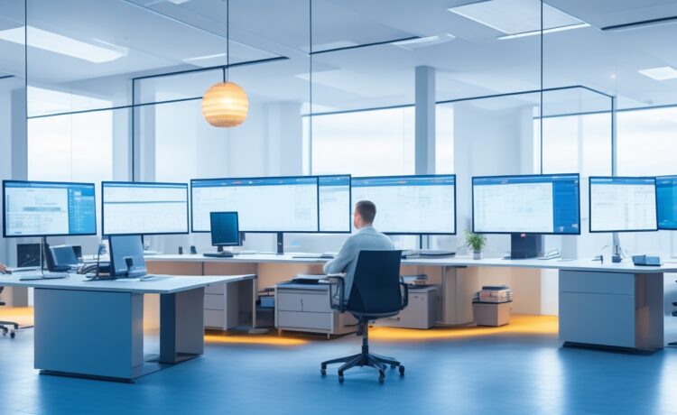 Ein warm beleuchtetes, modernes Büro mit einem lächelnden Entwickler vor zwei großen Monitoren, die im Hintergrund klar strukturierte Codezeilen und Diagramme zeigen, eingefangen in natürlichem Tageslicht und einer freundlichen, fokussierten Atmosphäre, die Innovation und technische Präzision vereint.