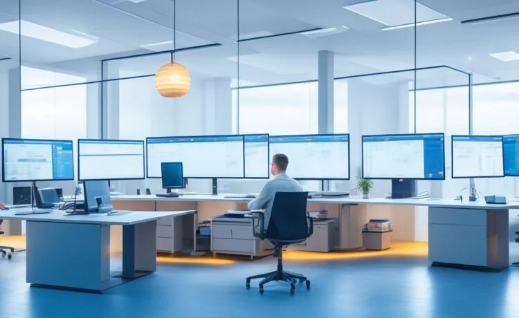 Ein warm beleuchtetes, modernes Büro mit einem lächelnden Entwickler vor zwei großen Monitoren, die im Hintergrund klar strukturierte Codezeilen und Diagramme zeigen, eingefangen in natürlichem Tageslicht und einer freundlichen, fokussierten Atmosphäre, die Innovation und technische Präzision vereint.