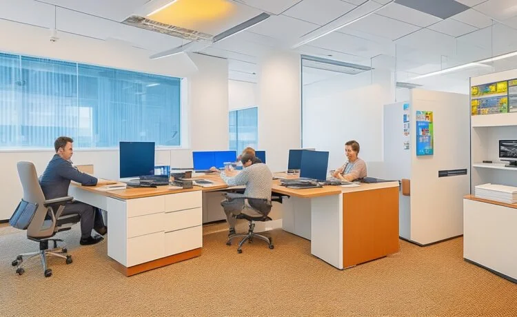 Ein helles, einladendes Büro mit warmem Tageslicht, in dem eine lächelnde Person vor einem modernen Computer sitzt und konzentriert die Google-Suchseite nutzt, umgeben von dezent digital wirkenden Elementen, die den Dialog zwischen traditioneller Suche und KI-Technologie subtil symbolisieren.