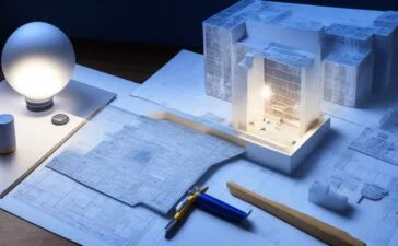 Eine moderne Büroszene mit einem lächelnden IT-Planer, der konzentriert an einem hell beleuchteten Bildschirm sitzt, auf dem ein 3D-Rechenzentrumsmodell zu sehen ist, umgeben von natürlichen Tageslichteinfall, warmen Holztönen und einer freundlichen Atmosphäre voller Innovation und digitaler Präzision.