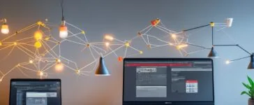 Ein hell erleuchteter moderner Büroarbeitsplatz mit einem aufgeschlagenen Laptop, an dem konzentriert eine vielfältige Gruppe von Menschen in freundlicher Atmosphäre gemeinsam an komplexen Daten und Diagrammen arbeitet und dabei lebendig kommuniziert, während warmes Tageslicht durch große Fenster fällt und die Balance zwischen technologischer Präzision und menschlicher Interaktion symbolisiert.