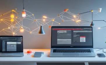 Ein hell erleuchteter moderner Büroarbeitsplatz mit einem aufgeschlagenen Laptop, an dem konzentriert eine vielfältige Gruppe von Menschen in freundlicher Atmosphäre gemeinsam an komplexen Daten und Diagrammen arbeitet und dabei lebendig kommuniziert, während warmes Tageslicht durch große Fenster fällt und die Balance zwischen technologischer Präzision und menschlicher Interaktion symbolisiert.