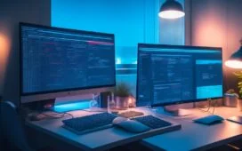 Ein hell ausgeleuchteter moderner Arbeitsplatz mit einem offenen Laptop, auf dessen Bildschirm ein komplexer Code und Diagramme zu sehen sind, dazu eine entspannte Person mittleren Alters, die konzentriert und zuversichtlich an einem Tisch sitzt, umgeben von warmem Tageslicht und natürlichen Holztönen – eine einladende Szene, die den verantwortungsvollen Umgang mit KI-Modellen und die Herausforderung der Minimierung von Halluzinationen eindrucksvoll widerspiegelt.