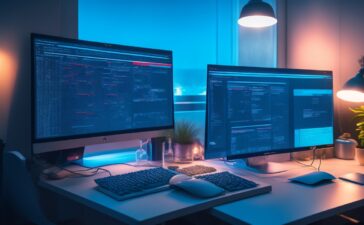 Ein hell ausgeleuchteter moderner Arbeitsplatz mit einem offenen Laptop, auf dessen Bildschirm ein komplexer Code und Diagramme zu sehen sind, dazu eine entspannte Person mittleren Alters, die konzentriert und zuversichtlich an einem Tisch sitzt, umgeben von warmem Tageslicht und natürlichen Holztönen – eine einladende Szene, die den verantwortungsvollen Umgang mit KI-Modellen und die Herausforderung der Minimierung von Halluzinationen eindrucksvoll widerspiegelt.