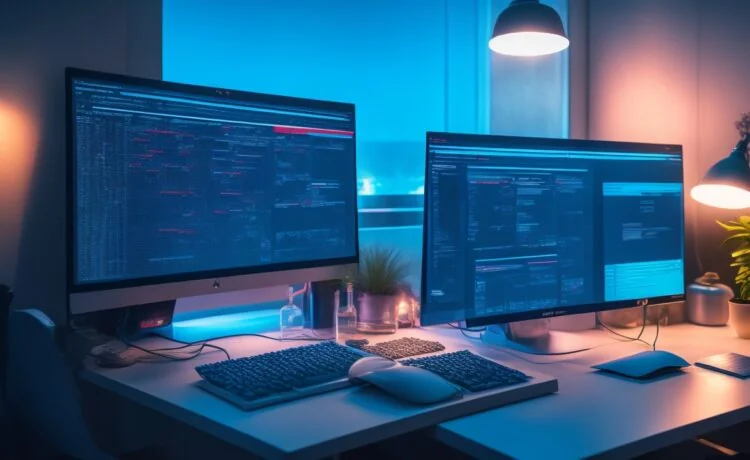 Ein hell ausgeleuchteter moderner Arbeitsplatz mit einem offenen Laptop, auf dessen Bildschirm ein komplexer Code und Diagramme zu sehen sind, dazu eine entspannte Person mittleren Alters, die konzentriert und zuversichtlich an einem Tisch sitzt, umgeben von warmem Tageslicht und natürlichen Holztönen – eine einladende Szene, die den verantwortungsvollen Umgang mit KI-Modellen und die Herausforderung der Minimierung von Halluzinationen eindrucksvoll widerspiegelt.