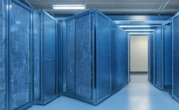 Ein lichtdurchfluteter, moderner Serverraum mit glänzenden Rack-Installationen, in dem technikaffine Mitarbeitende entspannt und konzentriert an hochauflösenden Bildschirmen ihre Systeme überwachen, während warmes Tageslicht durch große Fenster fällt und eine Atmosphäre von Zuverlässigkeit und digitaler Sicherheit schafft.