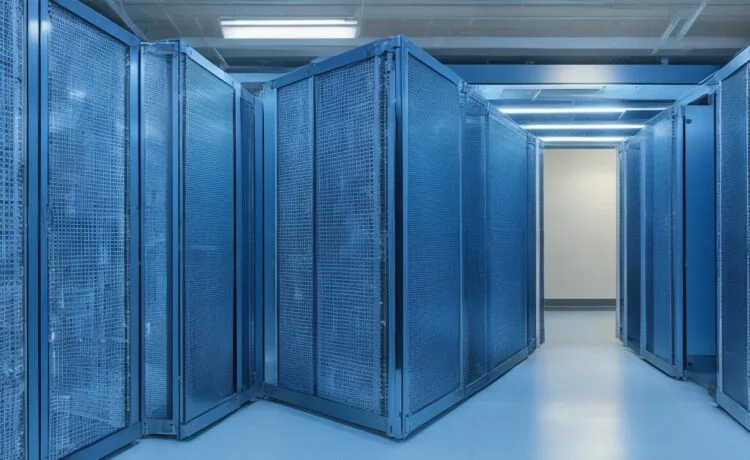 Ein lichtdurchfluteter, moderner Serverraum mit glänzenden Rack-Installationen, in dem technikaffine Mitarbeitende entspannt und konzentriert an hochauflösenden Bildschirmen ihre Systeme überwachen, während warmes Tageslicht durch große Fenster fällt und eine Atmosphäre von Zuverlässigkeit und digitaler Sicherheit schafft.