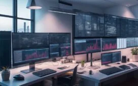 Ein hell erleuchtetes, modern eingerichtetes Home-Office mit einem konzentriert arbeitenden Webentwickler vor zwei gleichzeitig aktiven Monitoren, die komplexe Programmiercodes und graphische Datenvisualisierungen zeigen, umgeben von warmem Tageslicht und natürlicher Farbgebung, die die dynamische Verbindung von Technik und menschlicher Kreativität spürbar macht.