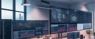 Ein hell erleuchtetes, modern eingerichtetes Home-Office mit einem konzentriert arbeitenden Webentwickler vor zwei gleichzeitig aktiven Monitoren, die komplexe Programmiercodes und graphische Datenvisualisierungen zeigen, umgeben von warmem Tageslicht und natürlicher Farbgebung, die die dynamische Verbindung von Technik und menschlicher Kreativität spürbar macht.