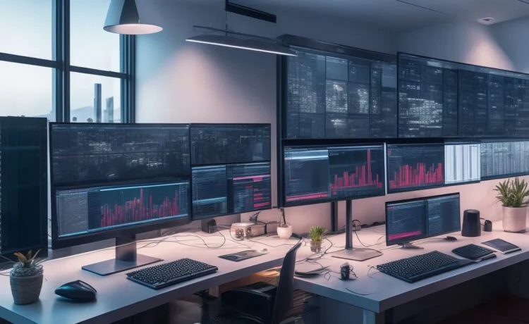 Ein hell erleuchtetes, modern eingerichtetes Home-Office mit einem konzentriert arbeitenden Webentwickler vor zwei gleichzeitig aktiven Monitoren, die komplexe Programmiercodes und graphische Datenvisualisierungen zeigen, umgeben von warmem Tageslicht und natürlicher Farbgebung, die die dynamische Verbindung von Technik und menschlicher Kreativität spürbar macht.