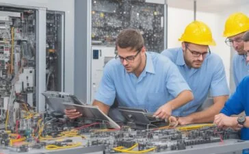 Ein heller, warm ausgeleuchteter Büroarbeitsplatz mit lächelnden IT-Experten, die konzentriert an modernen Laptops arbeiten, umgeben von dezent sichtbarer Server-Hardware und digitalen Netzwerkvisualisierungen, die eine freundliche Atmosphäre von Teamarbeit und technischer Sicherheit vermitteln.