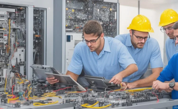 Ein heller, warm ausgeleuchteter Büroarbeitsplatz mit lächelnden IT-Experten, die konzentriert an modernen Laptops arbeiten, umgeben von dezent sichtbarer Server-Hardware und digitalen Netzwerkvisualisierungen, die eine freundliche Atmosphäre von Teamarbeit und technischer Sicherheit vermitteln.