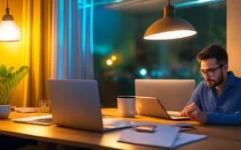 Ein warm beleuchtetes, natürliches Büroambiente mit einer konzentrierten Person, die am Laptop aufmerksam eine Nachricht auf dem Bildschirm liest, umgeben von Smartphone, Notizblock und Tasse, vermittelt die sensible Atmosphäre moderner Online-Kommunikation und vorsichtigen Umgangs mit digitalen Gefahren.