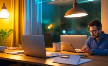 Ein warm beleuchtetes, natürliches Büroambiente mit einer konzentrierten Person, die am Laptop aufmerksam eine Nachricht auf dem Bildschirm liest, umgeben von Smartphone, Notizblock und Tasse, vermittelt die sensible Atmosphäre moderner Online-Kommunikation und vorsichtigen Umgangs mit digitalen Gefahren.