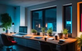 In einem hell erleuchteten, modernen Büro sitzt eine freundliche Marketing-Expertin konzentriert vor ihrem Laptop, umgeben von Notizen und bunten Diagrammen auf dem Tisch, während durch große Fenster warmes Tageslicht auf ihren Arbeitsplatz fällt und eine einladende, inspirierende Atmosphäre schafft.