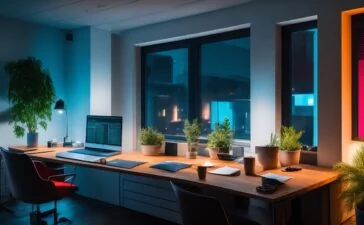 In einem hell erleuchteten, modernen Büro sitzt eine freundliche Marketing-Expertin konzentriert vor ihrem Laptop, umgeben von Notizen und bunten Diagrammen auf dem Tisch, während durch große Fenster warmes Tageslicht auf ihren Arbeitsplatz fällt und eine einladende, inspirierende Atmosphäre schafft.