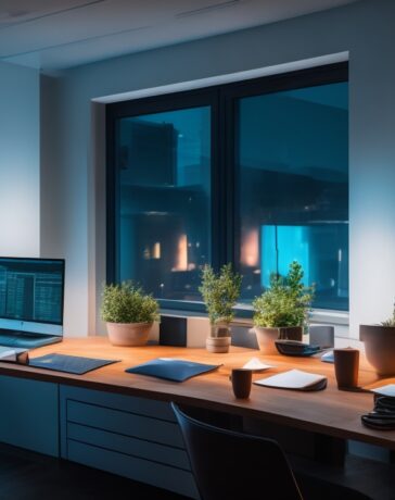 In einem hell erleuchteten, modernen Büro sitzt eine freundliche Marketing-Expertin konzentriert vor ihrem Laptop, umgeben von Notizen und bunten Diagrammen auf dem Tisch, während durch große Fenster warmes Tageslicht auf ihren Arbeitsplatz fällt und eine einladende, inspirierende Atmosphäre schafft.