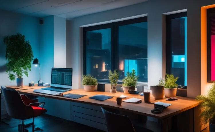 In einem hell erleuchteten, modernen Büro sitzt eine freundliche Marketing-Expertin konzentriert vor ihrem Laptop, umgeben von Notizen und bunten Diagrammen auf dem Tisch, während durch große Fenster warmes Tageslicht auf ihren Arbeitsplatz fällt und eine einladende, inspirierende Atmosphäre schafft.