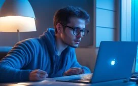 Eine freundliche, helle Aufnahme einer jungen Person an einem modernen Laptop-Arbeitsplatz im sonnendurchfluteten Zimmer, die konzentriert auf den Bildschirm blickt, während natürliches Tageslicht das Gesicht warm umspielt und die Szene eine Atmosphäre von Wachsamkeit und digitaler Sicherheit vermittelt.