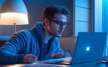 Eine freundliche, helle Aufnahme einer jungen Person an einem modernen Laptop-Arbeitsplatz im sonnendurchfluteten Zimmer, die konzentriert auf den Bildschirm blickt, während natürliches Tageslicht das Gesicht warm umspielt und die Szene eine Atmosphäre von Wachsamkeit und digitaler Sicherheit vermittelt.