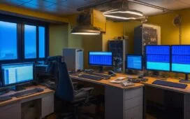 Ein hell erleuchtetes Entwicklerbüro, in dem ein fokussierter Software-Engineer bei natürlichem Tageslicht konzentriert vor mehreren Bildschirmen sitzt, während warme Holz- und Grünakzente eine einladende, vertrauensvolle Atmosphäre schaffen und den Ernst der Cybersicherheit im modernen JavaScript-Ökosystem spiegeln.
