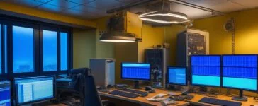 Ein hell erleuchtetes Entwicklerbüro, in dem ein fokussierter Software-Engineer bei natürlichem Tageslicht konzentriert vor mehreren Bildschirmen sitzt, während warme Holz- und Grünakzente eine einladende, vertrauensvolle Atmosphäre schaffen und den Ernst der Cybersicherheit im modernen JavaScript-Ökosystem spiegeln.