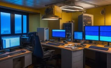 Ein hell erleuchtetes Entwicklerbüro, in dem ein fokussierter Software-Engineer bei natürlichem Tageslicht konzentriert vor mehreren Bildschirmen sitzt, während warme Holz- und Grünakzente eine einladende, vertrauensvolle Atmosphäre schaffen und den Ernst der Cybersicherheit im modernen JavaScript-Ökosystem spiegeln.