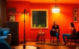 In einem hell erleuchteten, modernen Podcast-Studio sitzt eine junge Frau mit inspirierendem Lächeln vor Mikrofon und Kopfhörern, während warmes Tageslicht durch große Fenster fällt und eine Atmosphäre kreativer Zusammenarbeit und technologischer Innovation vermittelt.