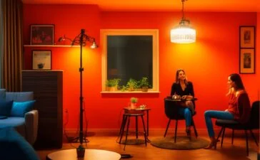 In einem hell erleuchteten, modernen Podcast-Studio sitzt eine junge Frau mit inspirierendem Lächeln vor Mikrofon und Kopfhörern, während warmes Tageslicht durch große Fenster fällt und eine Atmosphäre kreativer Zusammenarbeit und technologischer Innovation vermittelt.