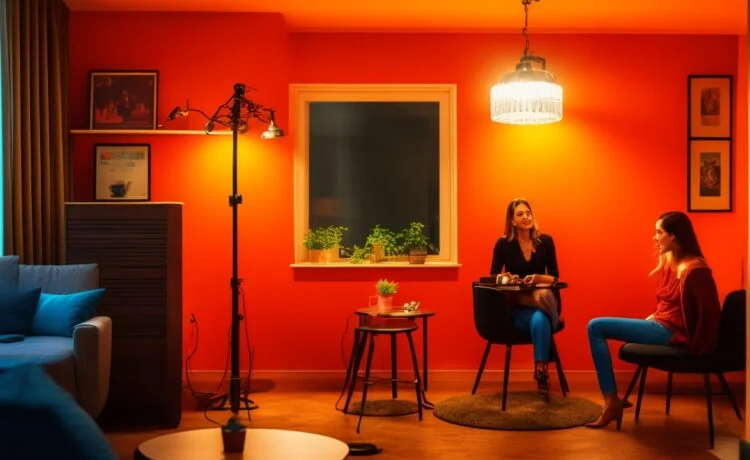 In einem hell erleuchteten, modernen Podcast-Studio sitzt eine junge Frau mit inspirierendem Lächeln vor Mikrofon und Kopfhörern, während warmes Tageslicht durch große Fenster fällt und eine Atmosphäre kreativer Zusammenarbeit und technologischer Innovation vermittelt.