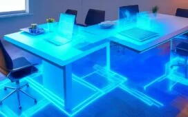 In einem modernen, hell erleuchteten Büro sitzen mehrere junge Fachkräfte entspannt um einen großen Tisch, während ein digital animiertes Hologramm eines abstrakten Chatbot-Symbols über einem Laptop schwebt und lebendig Informationen austauscht – die warme Tageslichtatmosphäre unterstreicht die innovative Verbindung von künstlicher Intelligenz und internem Unternehmenswissen.