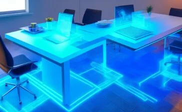 In einem modernen, hell erleuchteten Büro sitzen mehrere junge Fachkräfte entspannt um einen großen Tisch, während ein digital animiertes Hologramm eines abstrakten Chatbot-Symbols über einem Laptop schwebt und lebendig Informationen austauscht – die warme Tageslichtatmosphäre unterstreicht die innovative Verbindung von künstlicher Intelligenz und internem Unternehmenswissen.