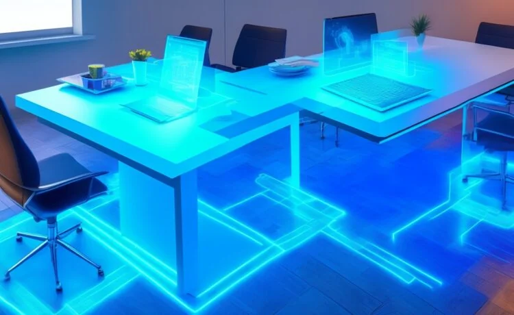 In einem modernen, hell erleuchteten Büro sitzen mehrere junge Fachkräfte entspannt um einen großen Tisch, während ein digital animiertes Hologramm eines abstrakten Chatbot-Symbols über einem Laptop schwebt und lebendig Informationen austauscht – die warme Tageslichtatmosphäre unterstreicht die innovative Verbindung von künstlicher Intelligenz und internem Unternehmenswissen.