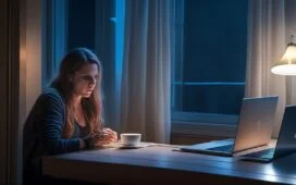 In einem hell erleuchteten, freundlichen Wohnzimmer sitzt eine junge Frau entspannt mit offenem Laptop auf dem Schoß, ihr Gesicht zeigt nachdenkliche Ruhe, während sanftes Tageslicht durch große Fenster fällt und warme Holztöne die Atmosphäre einladend und menschlich wirken lassen – ein Sinnbild für die stille Auseinandersetzung mit den Auswirkungen von Künstlicher Intelligenz auf das geistige Wohlbefinden.