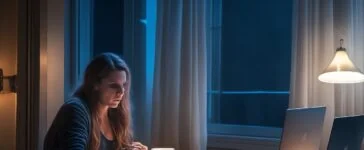 In einem hell erleuchteten, freundlichen Wohnzimmer sitzt eine junge Frau entspannt mit offenem Laptop auf dem Schoß, ihr Gesicht zeigt nachdenkliche Ruhe, während sanftes Tageslicht durch große Fenster fällt und warme Holztöne die Atmosphäre einladend und menschlich wirken lassen – ein Sinnbild für die stille Auseinandersetzung mit den Auswirkungen von Künstlicher Intelligenz auf das geistige Wohlbefinden.