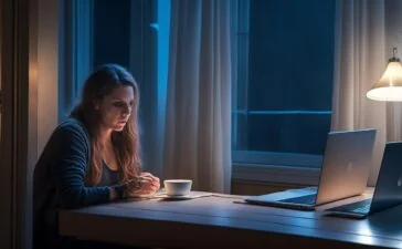 In einem hell erleuchteten, freundlichen Wohnzimmer sitzt eine junge Frau entspannt mit offenem Laptop auf dem Schoß, ihr Gesicht zeigt nachdenkliche Ruhe, während sanftes Tageslicht durch große Fenster fällt und warme Holztöne die Atmosphäre einladend und menschlich wirken lassen – ein Sinnbild für die stille Auseinandersetzung mit den Auswirkungen von Künstlicher Intelligenz auf das geistige Wohlbefinden.